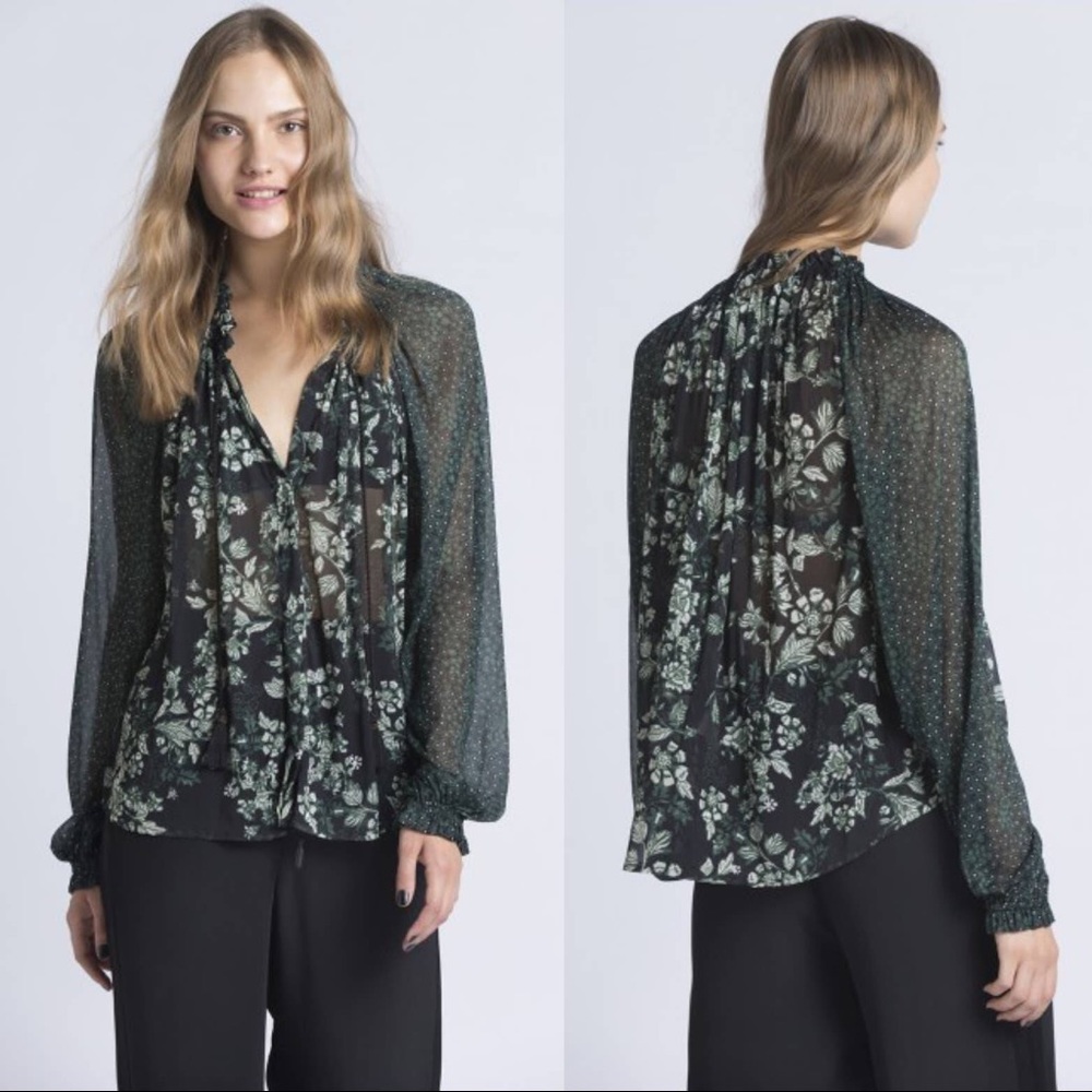 FREE PEOPLE Hendrix Green Sheer Flowy Pattern Long Balloon Sleeve Top B042